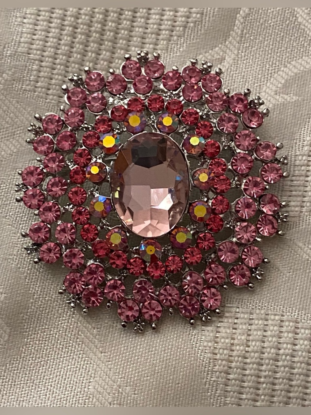 Brooch Pin Pink Rhinestones 2.5” Round Crystals Oval Faceted Center Stone